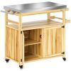 Outsunny Outdoor Grill Cart w/ Stainless Steel Top, Solid Wood Outdoor Kitchen Island w/ Wheels, Storage Cabinets, Natural Wood - default
