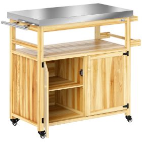 Outsunny Outdoor Grill Cart w/ Stainless Steel Top, Solid Wood Outdoor Kitchen Island w/ Wheels, Storage Cabinets, Natural Wood - default