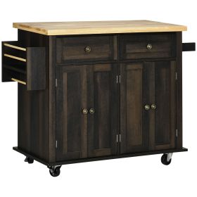 HOMCOM Rolling Kitchen Cart, Brown Oak with Rubberwood Top, Spice Rack, Towel Rack, and Drawers - Brown