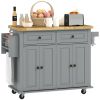 HOMCOM Rolling Kitchen Island with Rubber Wood Top, Spice/Towel Rack, Storage Drawers, Mobile Cart for Dining Room, Gray - Gray