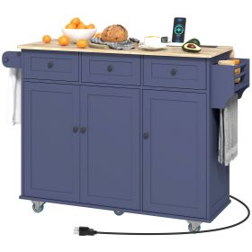 HOMCOM Kitchen Island on Wheels with Drop Leaf, Charging Station, Rolling Kitchen Cart with Wood Top, Adjustable Shelf, Blue - Blue
