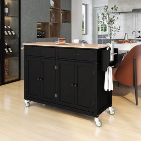 Kitchen Island Cart with Solid Wood Top and Locking Wheels,54.3 Inch Width,4 Door Cabinet and Two Drawers,Spice Rack, Towel Rack (Black) - as Pic
