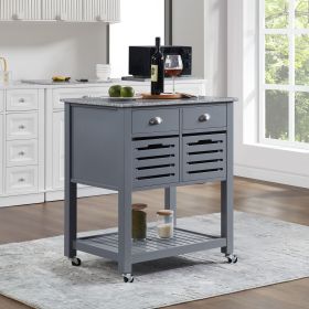 Mobile Rolling Kitchen Island Trolley Serving Cart with Underneath Drawer & Slide-Out Wire Storage Basket - Grey - Wood