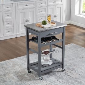 Mobile Rolling Kitchen Island Trolley Serving Cart with Underneath Drawer & Slide-Out Wire Storage Basket - Grey - Wood + Stainless Steel