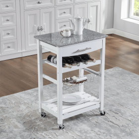 Mobile Rolling Kitchen Island Trolley Serving Cart with Underneath Drawer & Slide-Out Wire Storage Basket - White - Marble+Metal