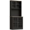Kitchen Buffet with Hutch, Storage Pantry with 3 Cabinets, 2 Open Shelves and Large Countertop, Black - Black