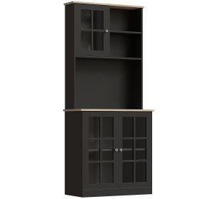 Kitchen Buffet with Hutch, Storage Pantry with 3 Cabinets, 2 Open Shelves and Large Countertop, Black - Black