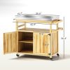 Outsunny Outdoor Grill Cart w/ Stainless Steel Top, Solid Wood Outdoor Kitchen Island w/ Wheels, Storage Cabinets, Natural Wood - default