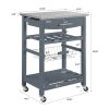 Mobile Rolling Kitchen Island Trolley Serving Cart with Underneath Drawer & Slide-Out Wire Storage Basket - Grey - Wood + Stainless Steel
